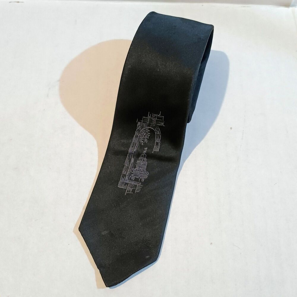 Vintage Burma Bibas Embroidered Skinny Neck Tie-Fountain Motif-1950s-Atomic -MCM
